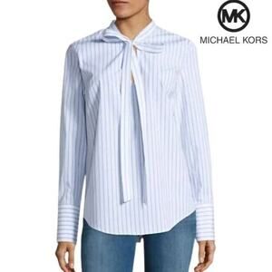 MICHAEL Michael Kors Blue & White Striped "Hampton"‎ Tie Neck Blouse, M